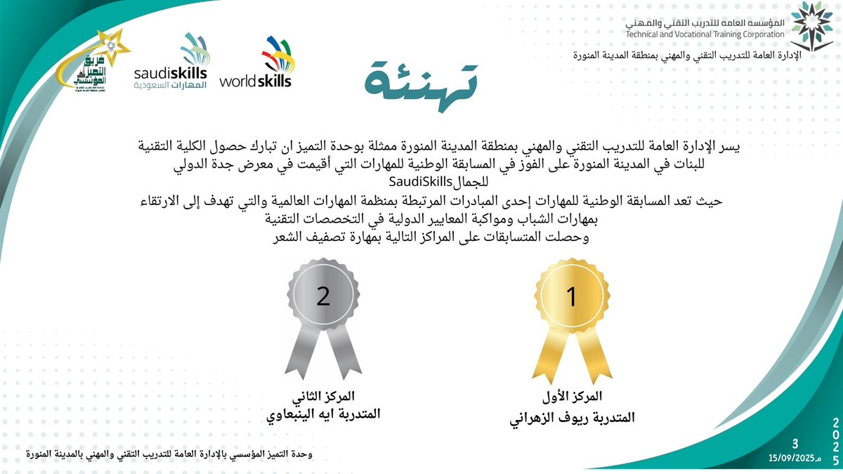 كرم سعادة مدير عام التدريب التقني والمهني بمنطقة المدينة المنورة الدكتور سلطان بن سفر الغامدي الفائزات في مسابقة المهارات السعودية 2025 