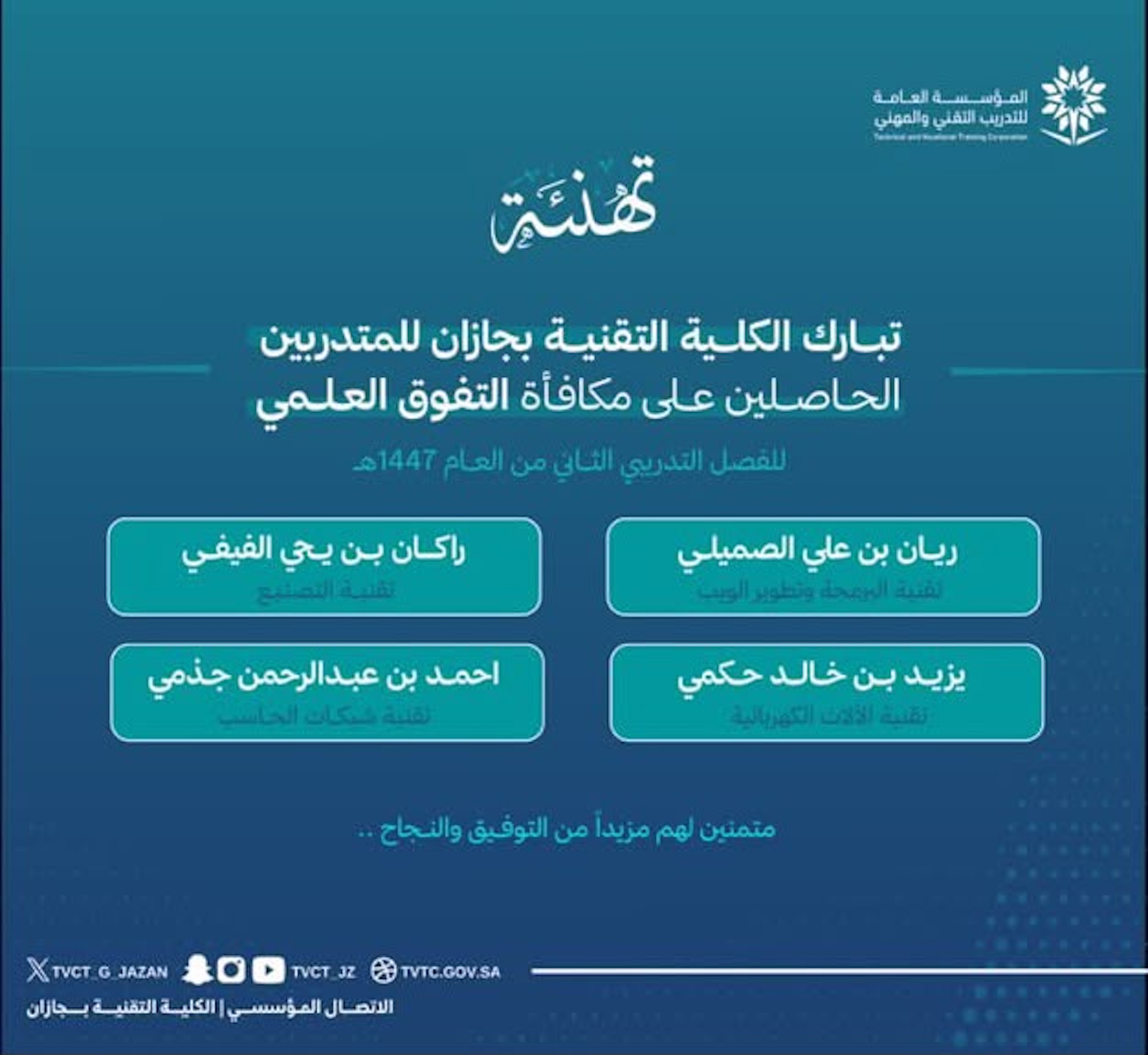 الكلية تكرّم متدربيها الحاصلين على مكافأة التفوق العلمي للفصل التدريبي الثاني من العام التدريبي ١٤٤٧هـ