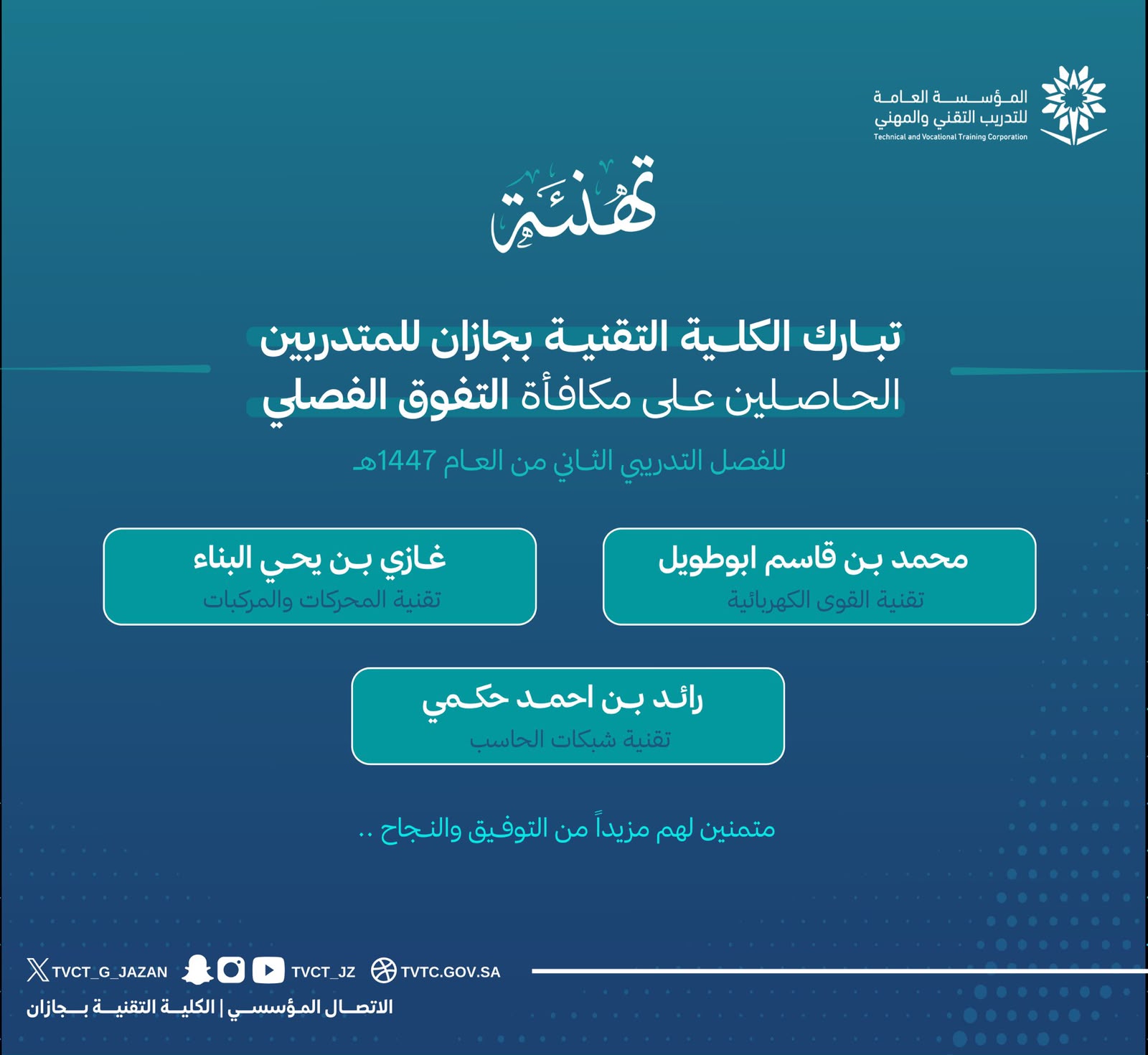 الكلية تحتفي بمتدربيها المتفوقين للفصل التدريبي الثاني من العام التدريبي ١٤٤٧هـ