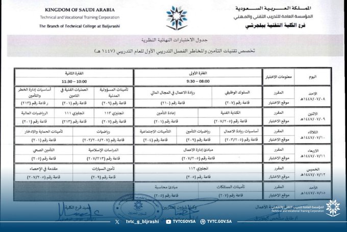 جدول الاختبارات النهائية النظرية لتخصص تقنيات التأمين والمخاطر للفصل التدريبي الاول لعام 1447هـ