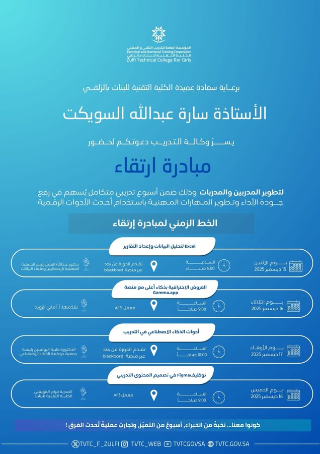 برعاية سعادةعميدة الكليةأ.سارة عبدالله السويكت تطلق الكليةالتقنيةللبنات بالزلفي أسبوع ارتقاء لتطوير المدربين،أسبوع تدريبي متكامل مع نخبة من الخبراءوتجارب عمليةنوعيةتسهم في رفع الكفاءةومواكبةأحدث الأدوات الرقمية.