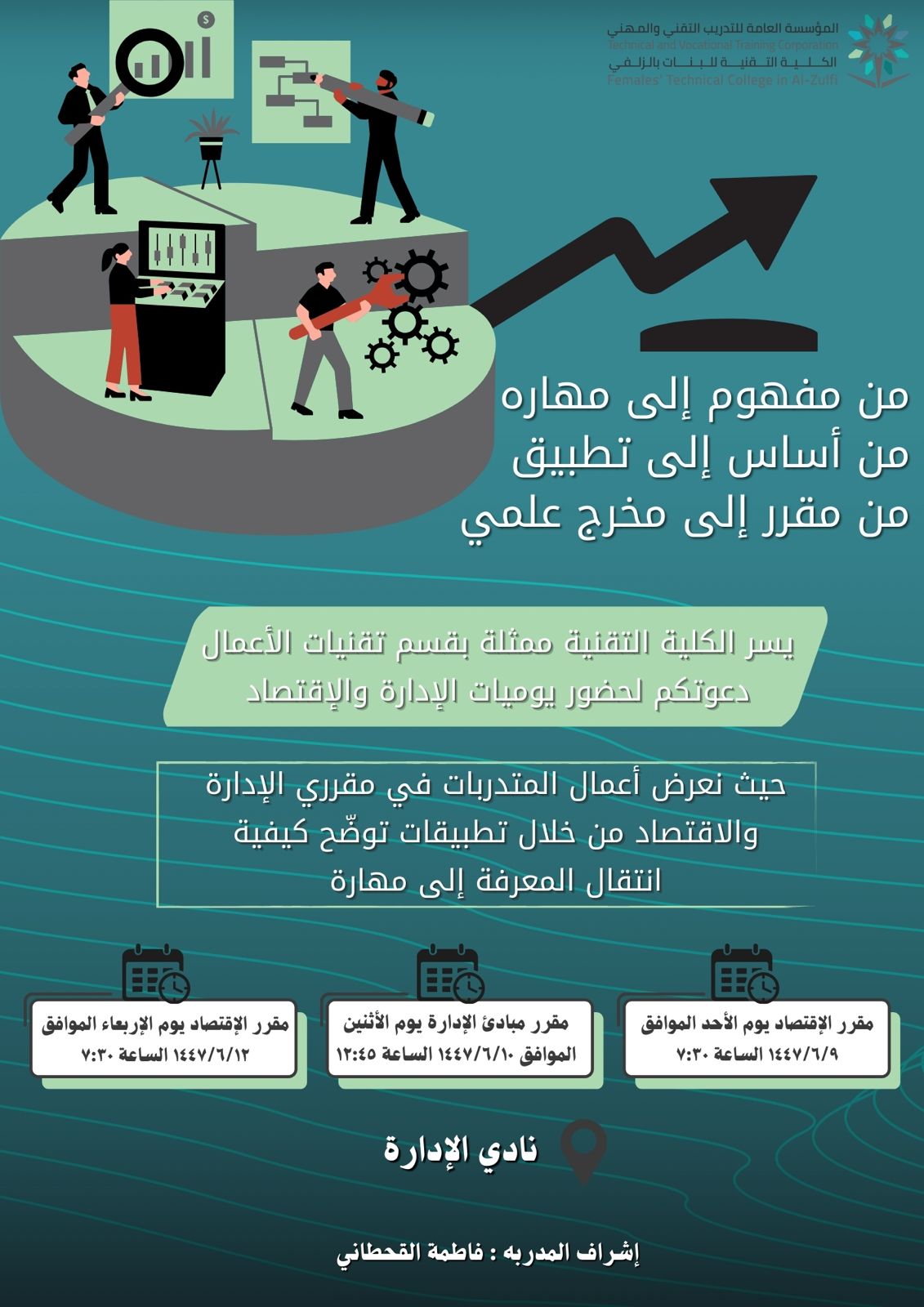 تعلن الكلية التقنية للبنات ممثلة بقسم تقنية الأعمال دعوتكم لحضور يوميات نادي الإدارة .