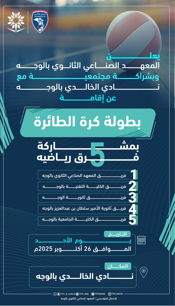 ينظم المعهد الصناعي الثانوي بالوجه بالشراكة المجتمعية مع ⁧‫نادي الخالدي الوجه‬⁩ بطولة كرة الطائرة للفصل الأول لعام 1447هـ . ‏تمنياتنا للفرق المشاركة بالتوفيق . ‏⁧